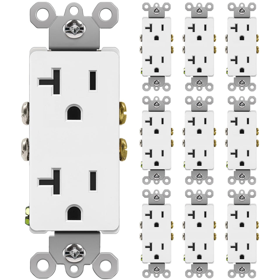 BESTTEN 20A wall outlet front view, a sleek white decor receptacle for homes.