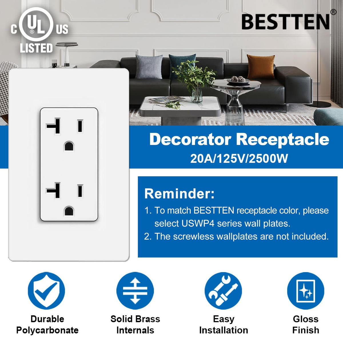 BESTTEN 20A wall outlet side view highlights flush alignment with modern decor.