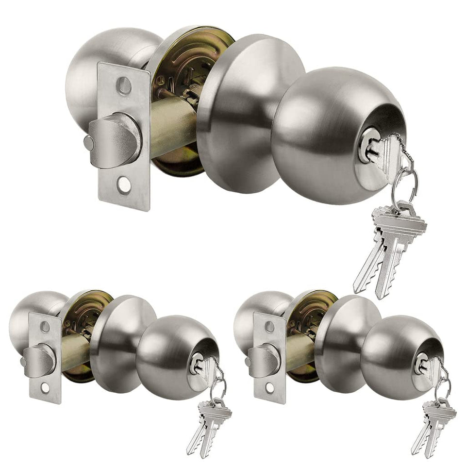 BESTTEN 3-pack door knob with lock front view, satin nickel finish for secure entry.