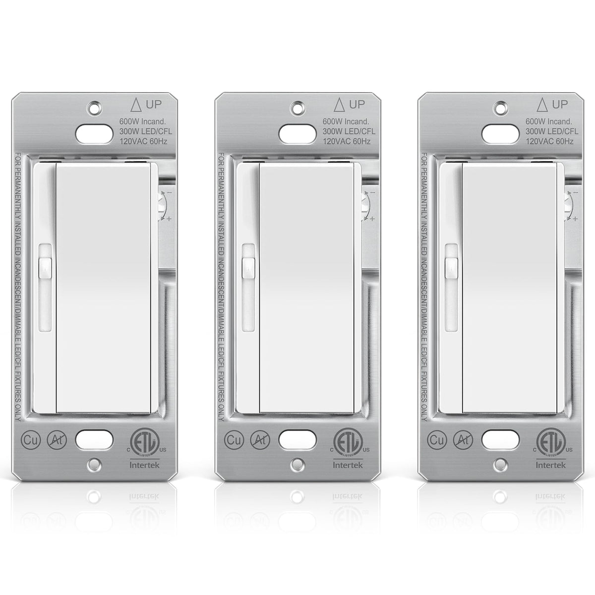 BESTTEN 3-pack slide dimmer front view showing compact profile for walls.