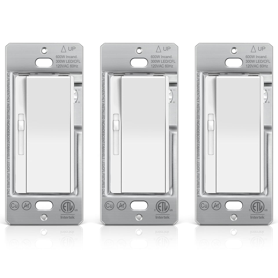 BESTTEN 3-pack slide dimmer front view showing compact profile for walls.
