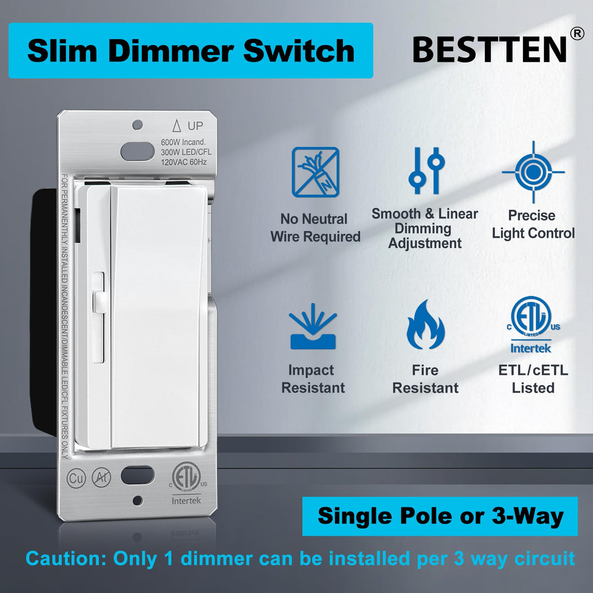 BESTTEN 6-pack dimmer 3-way with wall plate included shows versatile wiring.