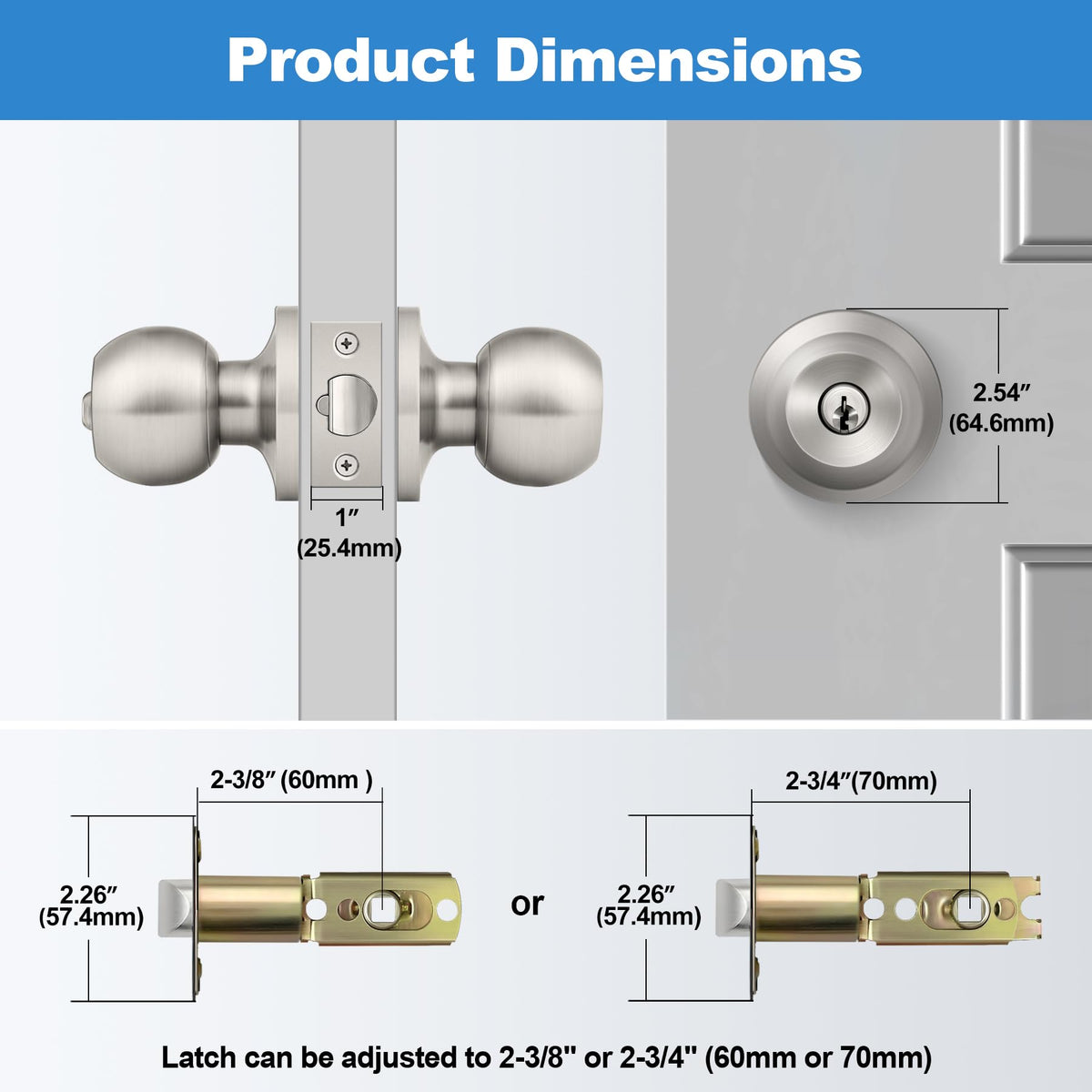 BESTTEN satin nickel backset adjustment on knob for 2-3/8 to 2-3/4 inches
