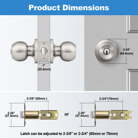 BESTTEN satin nickel backset adjustment on knob for 2-3/8 to 2-3/4 inches