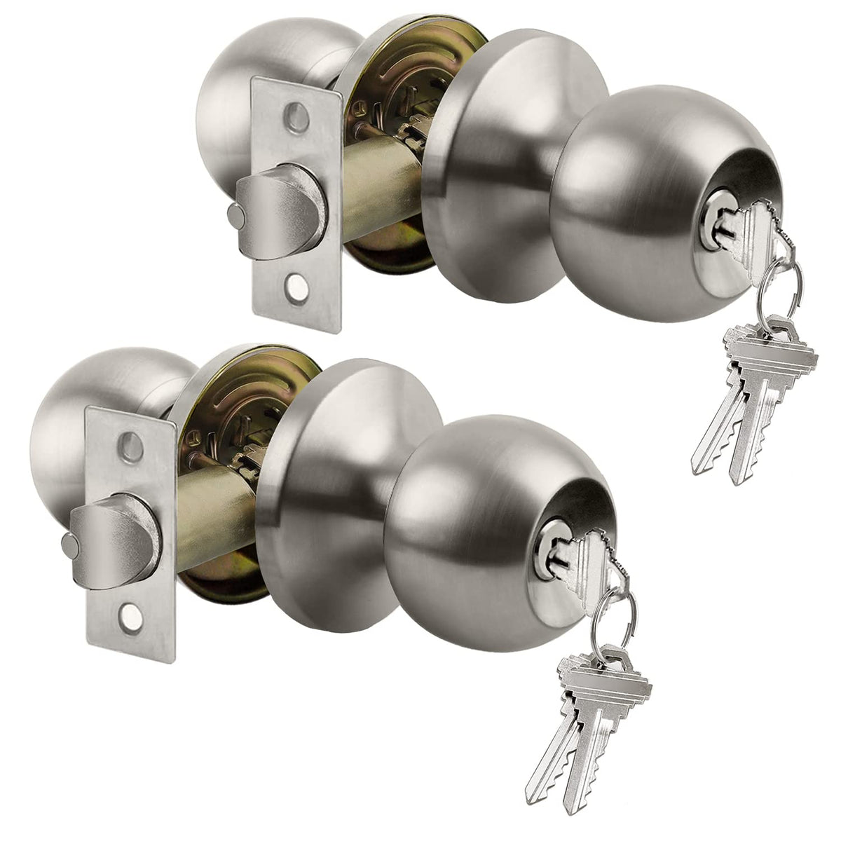 BESTTEN entry door knob lock satin nickel two-pack shown on exterior door