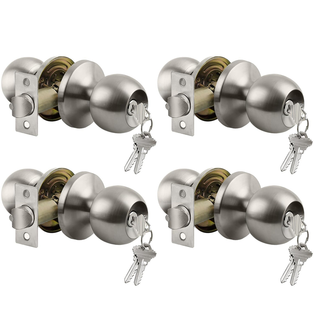 BESTTEN four-pack door knob with lock in satin nickel for keyed-different exterior entry