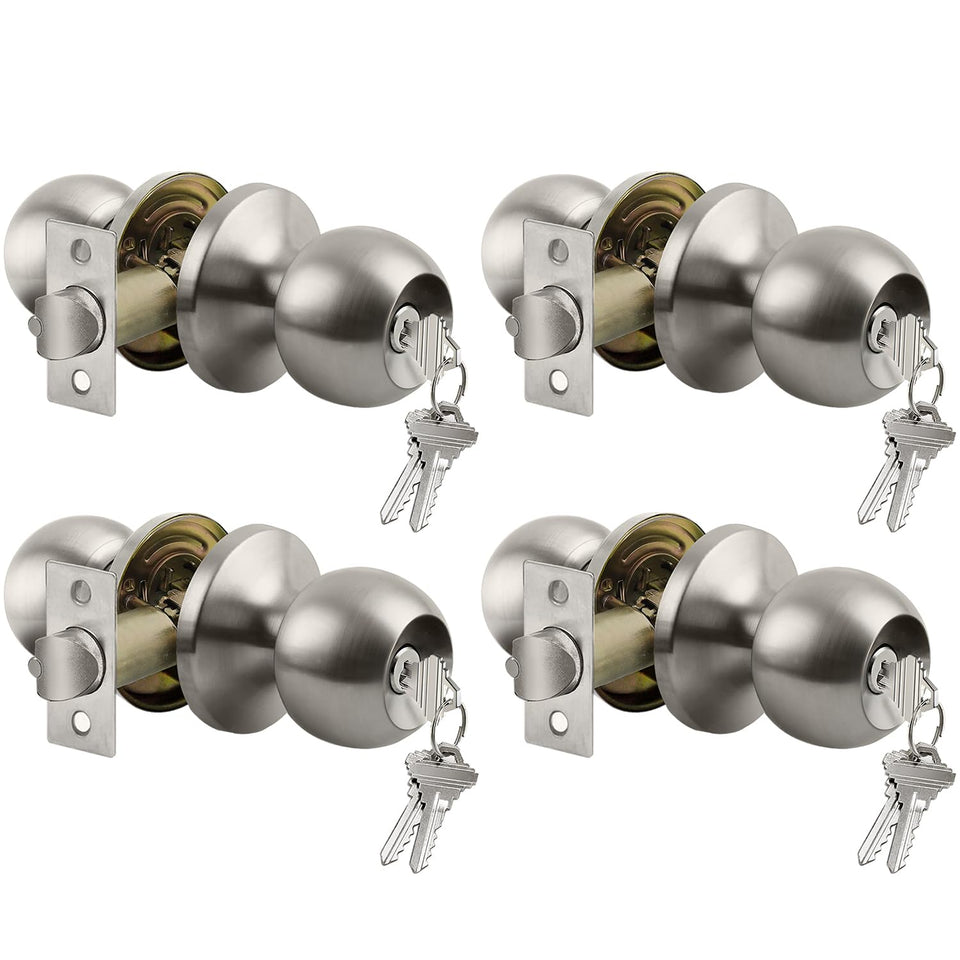 BESTTEN four-pack door knob with lock in satin nickel for keyed-different exterior entry