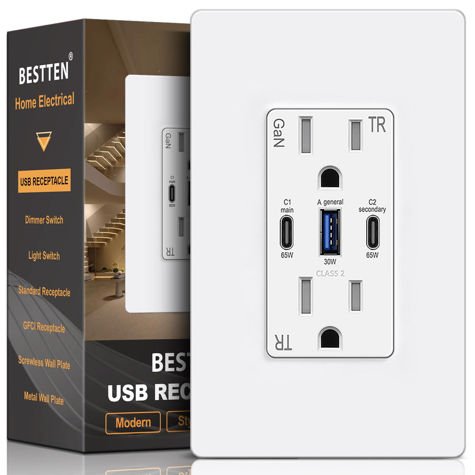 BESTTEN GaN 65W wall outlet front view with three ports for fast multi-device charging.