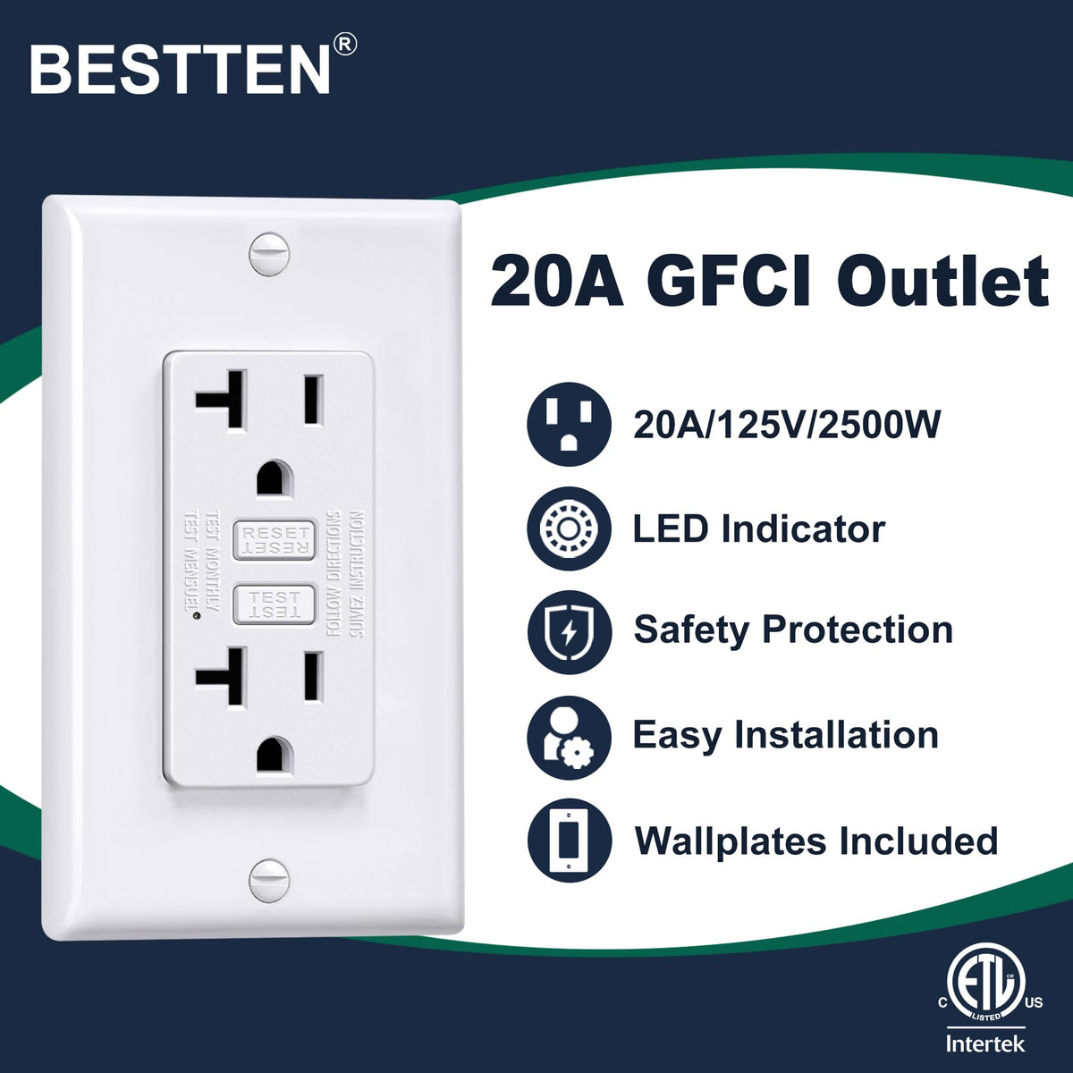 Bestten GFCI outlet LED indicator shows power status clearly