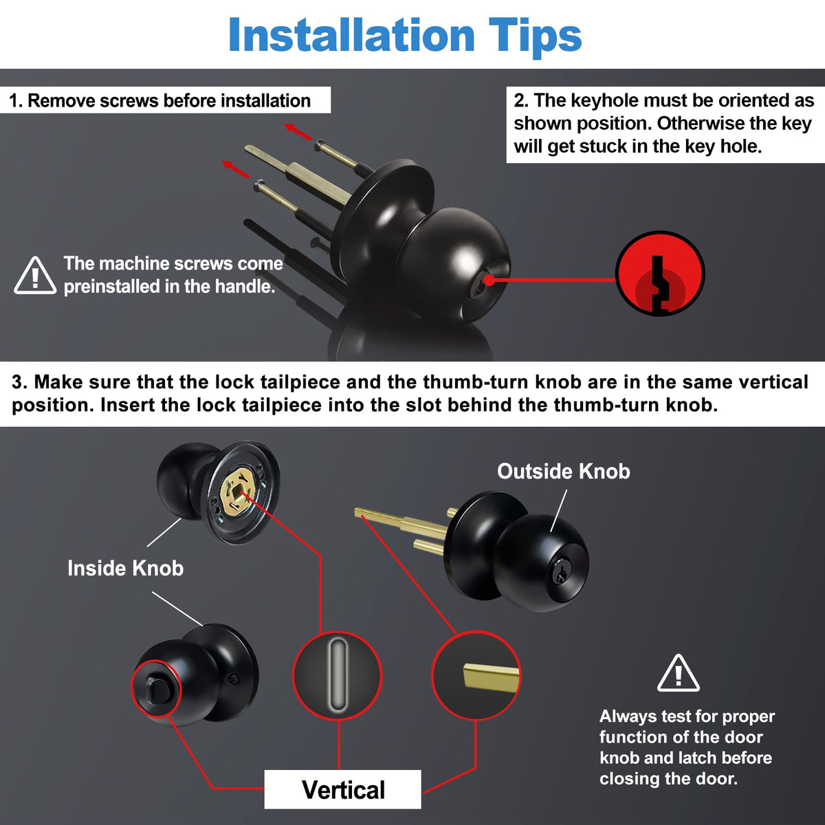 BESTTEN keyed entry door knob pack screw removal reminder for installation