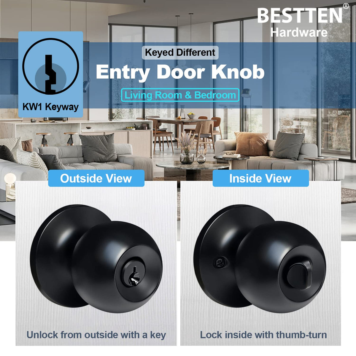 BESTTEN keyed entry door knob pack three keys included for multiple doors
