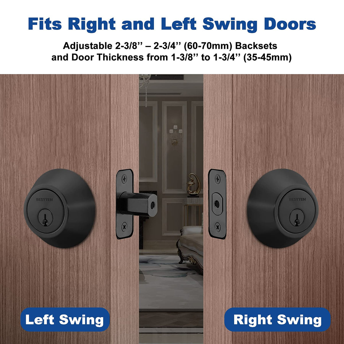 Thumb-turn inside for locking on both door swing directions
