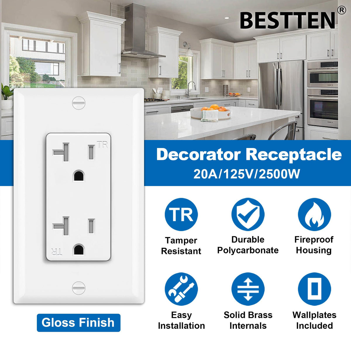 BESTTEN tamper-resistant outlet close-up showing safety feature with brass contacts
