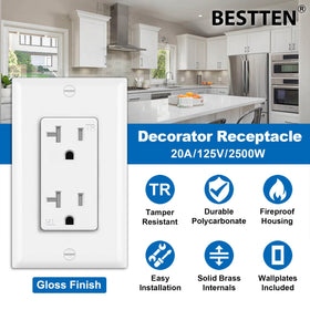 BESTTEN tamper-resistant outlet close-up showing safety feature with brass contacts