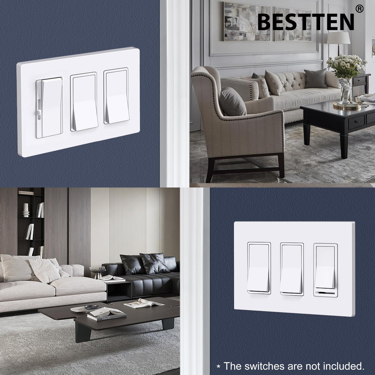 Close-up of BESTTEN USWP6 snow white wall plate showing a durable glossy finish
