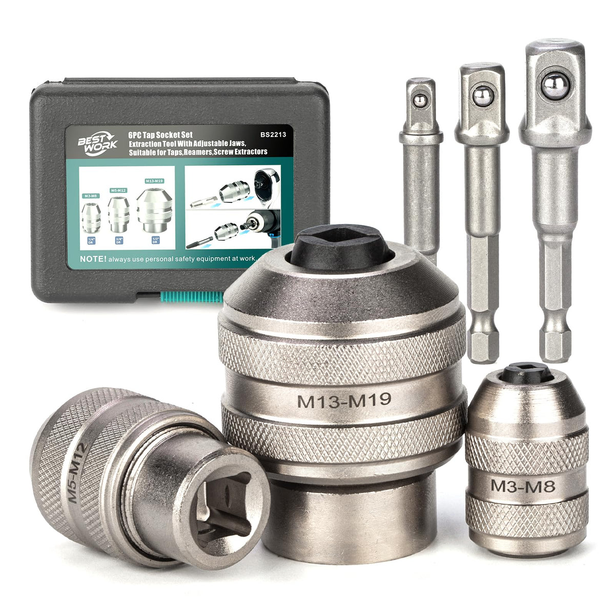 Bestwork 6pcs adjustable tap socket set for 1/4 drive, enabling tight spots and extended reach.