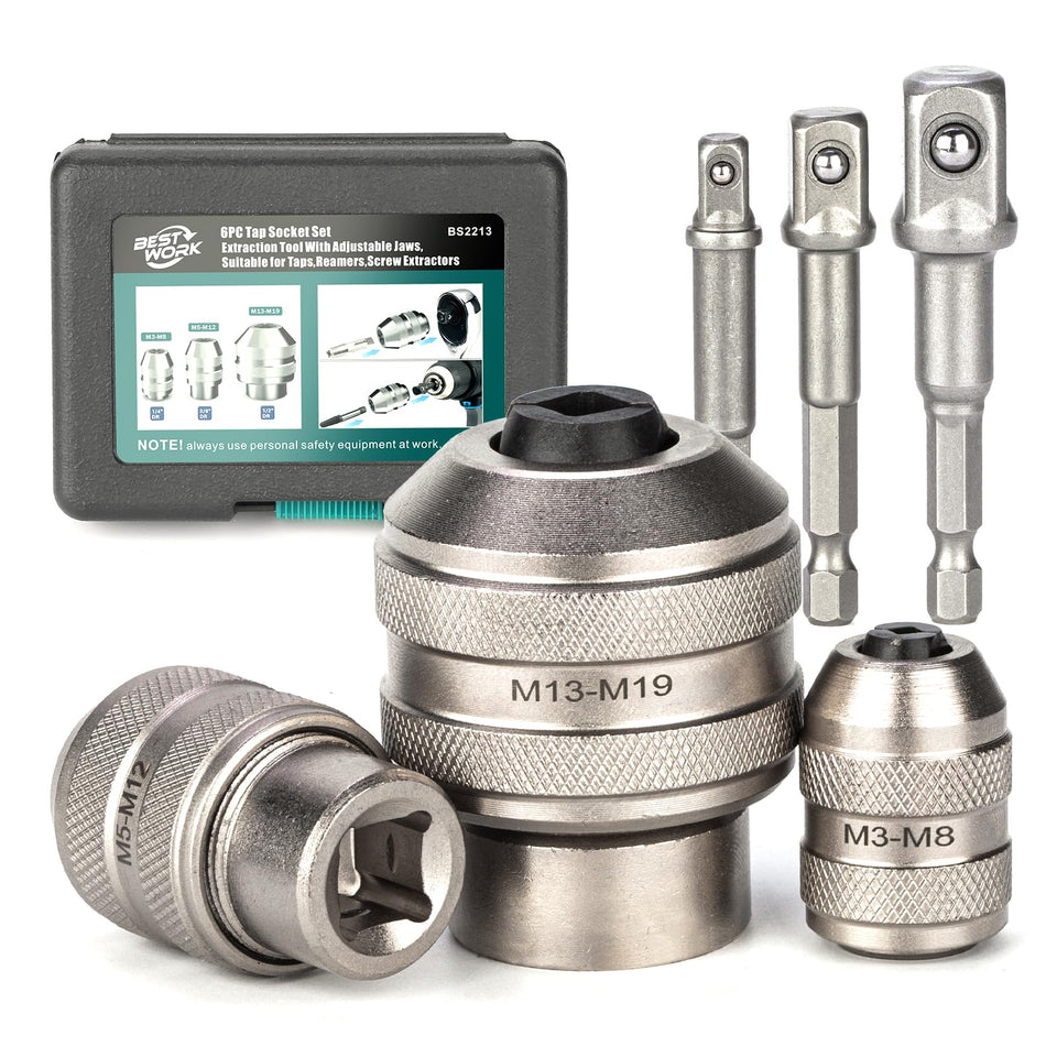 Bestwork 6pcs adjustable tap socket set for 1/4 drive, enabling tight spots and extended reach.