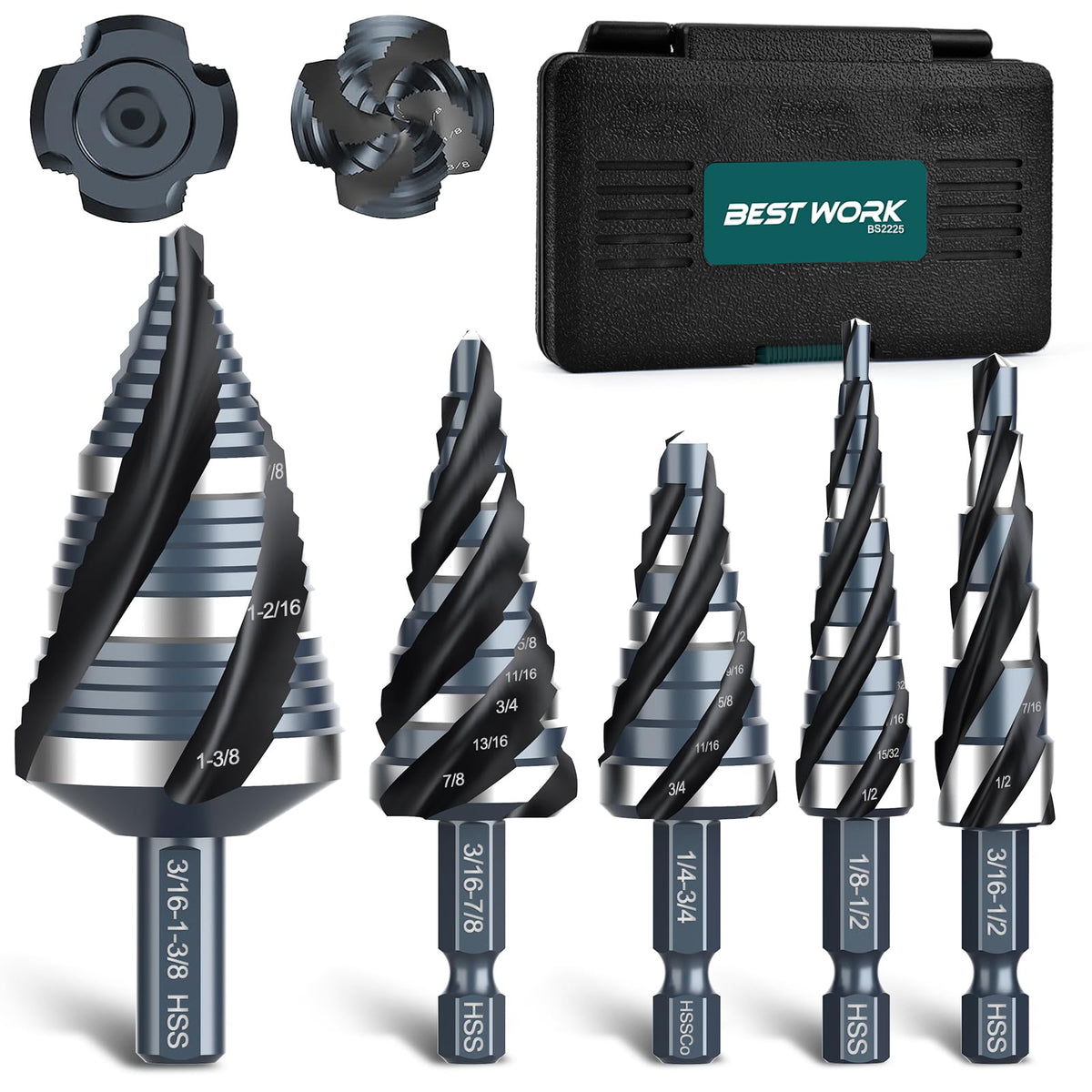 Bestwork four-spiral flute step drill set cuts cleanly through metal with smooth efficiency