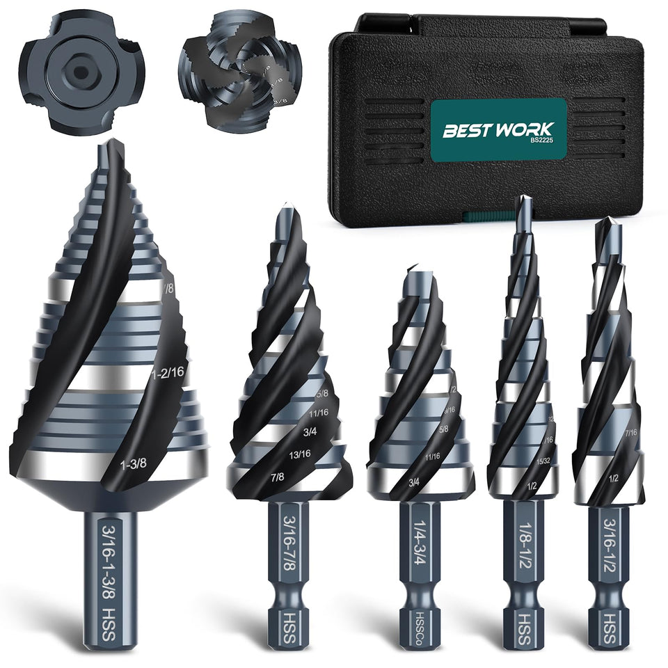 Bestwork four-spiral flute step drill set cuts cleanly through metal with smooth efficiency