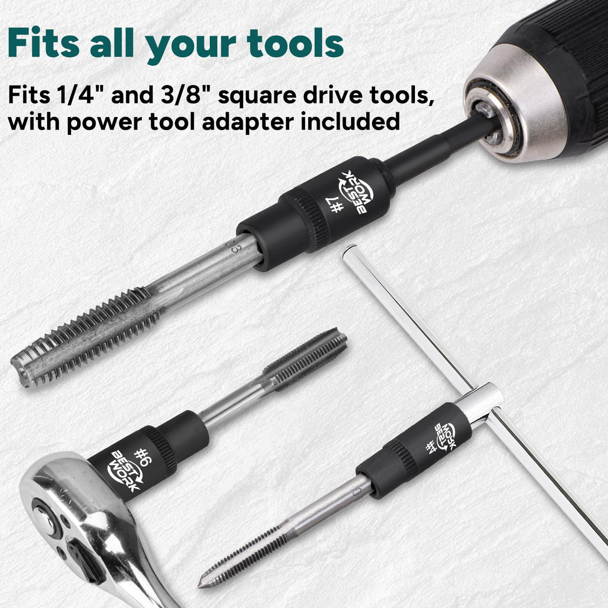 Bestwork set supports metric and imperial taps up to 12 mm for versatility