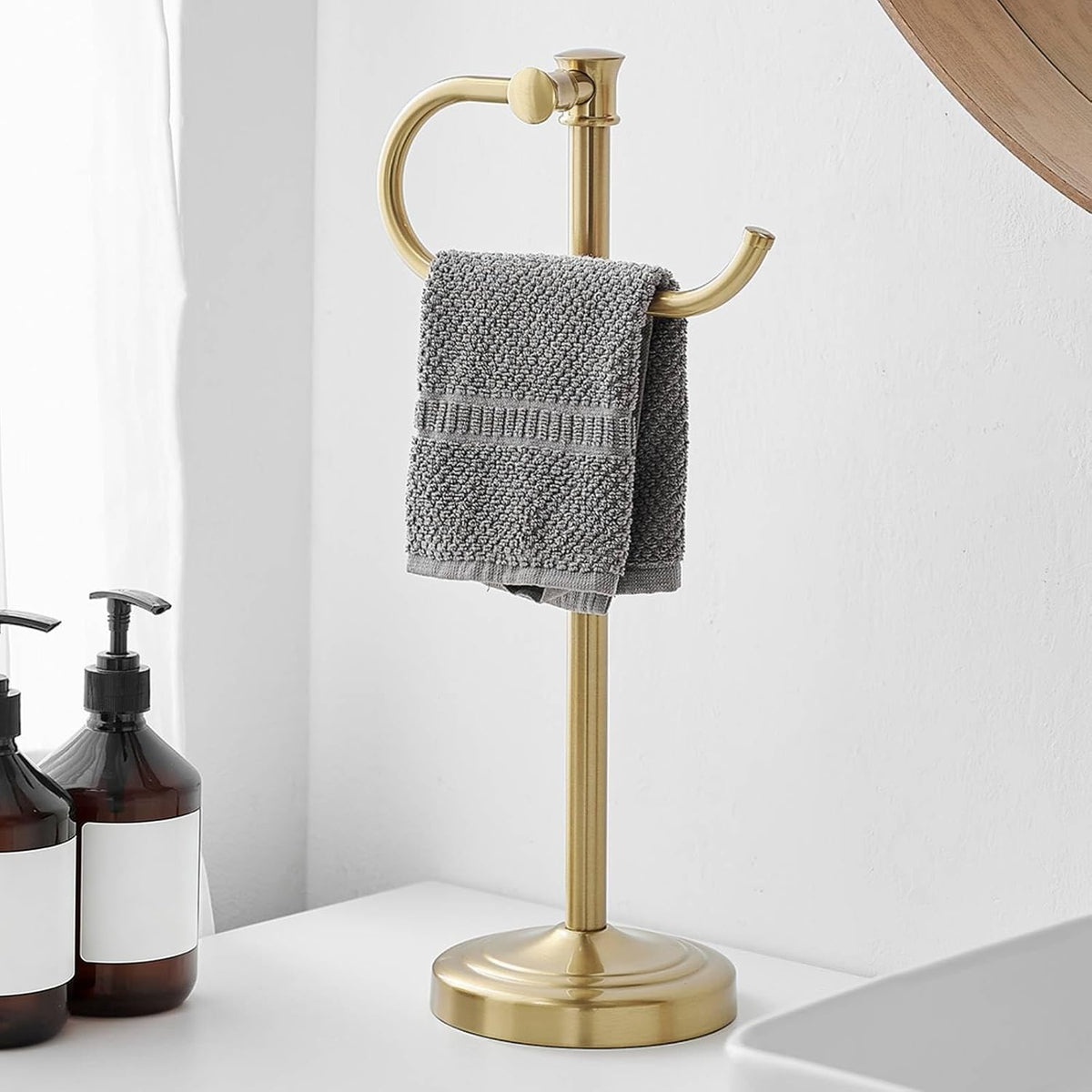 BESy 17-inch brushed gold stand towel bar for stylish bathroom organization.