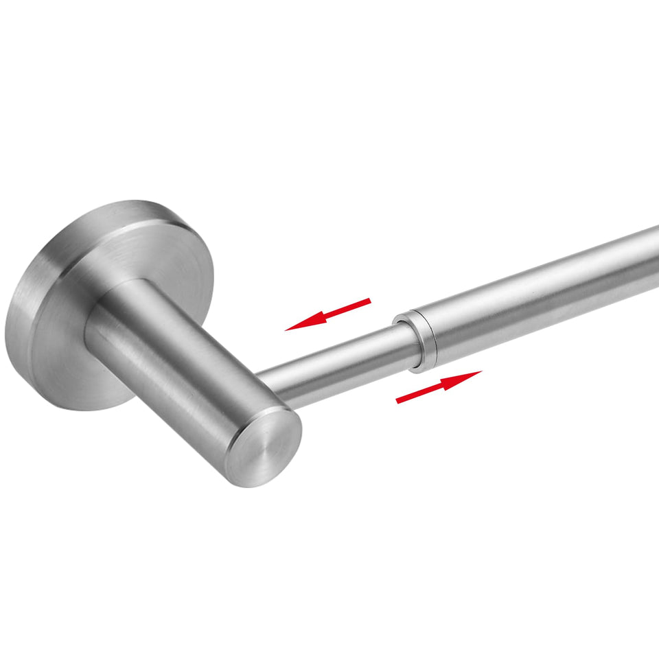 BESy adjustable towel bar extended to 26 inches in brushed nickel finish.