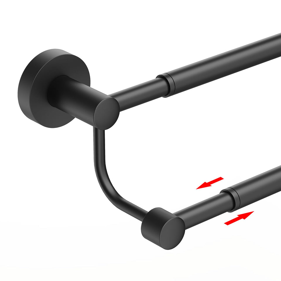 BESy adjustable towel bar extended to 16-26 inches in matte black for flexible bathroom sizing.