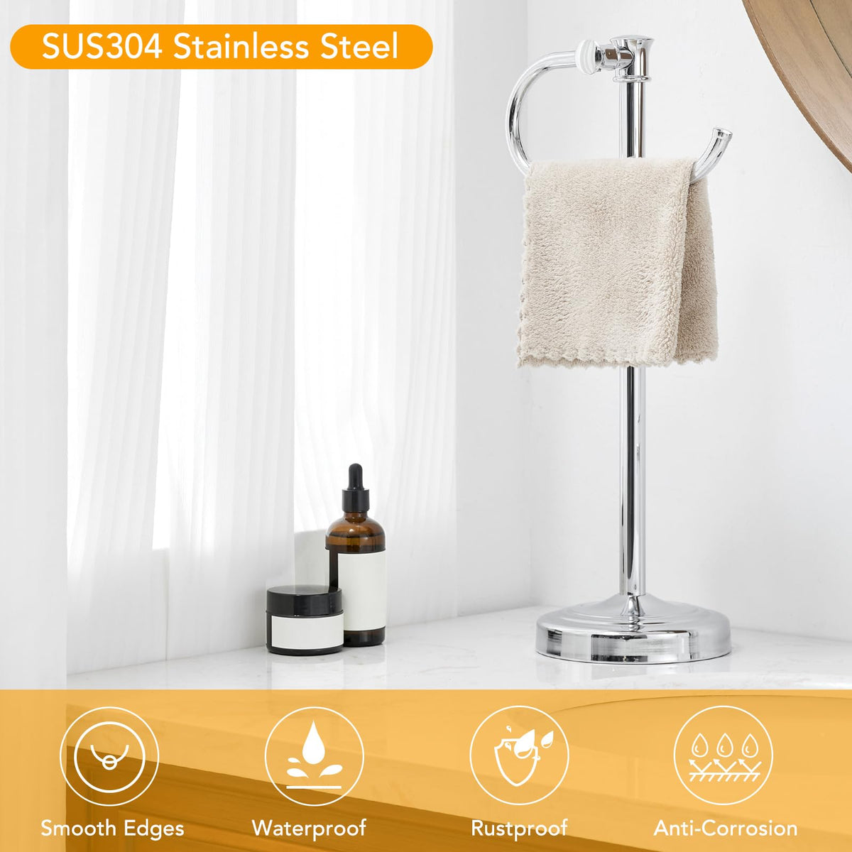BESy bathroom countertop towel rack beside a sink vanity