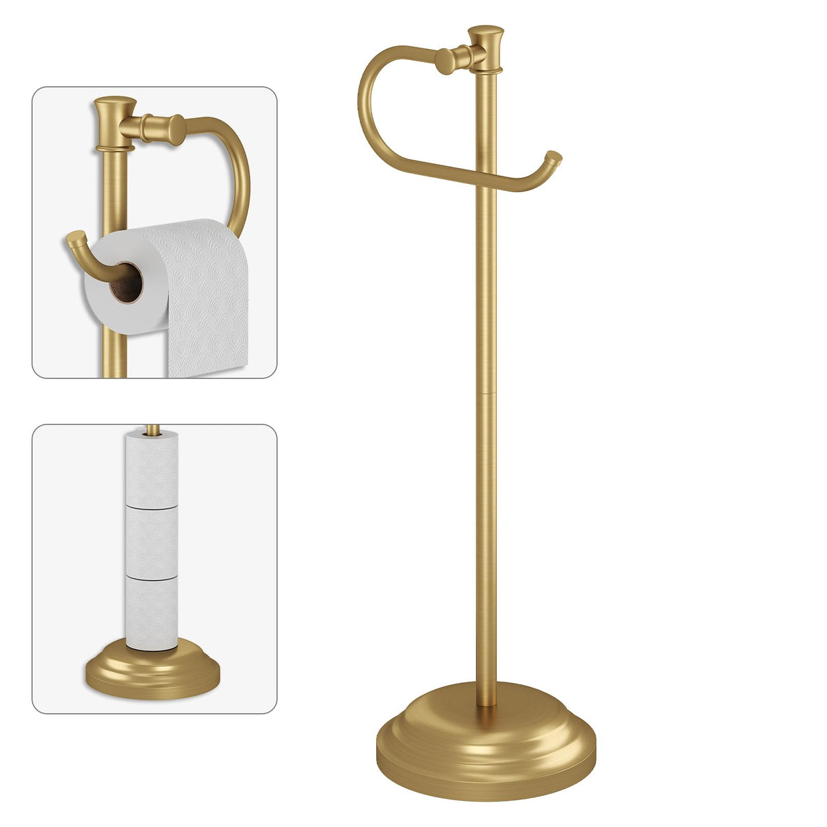 BESy brushed gold free-standing base holds bathroom tissue securely.