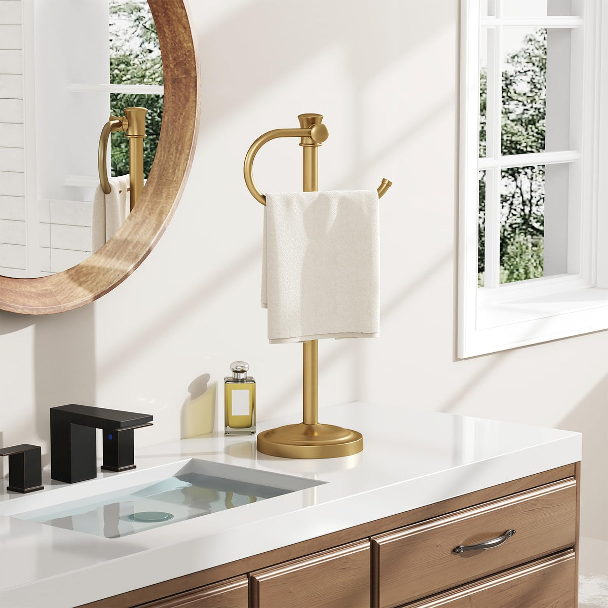 BESy brushed gold stainless steel towel bar base adds stability and durability.