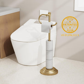 BESy brushed gold toilet paper roll holder showcases elegant storage.