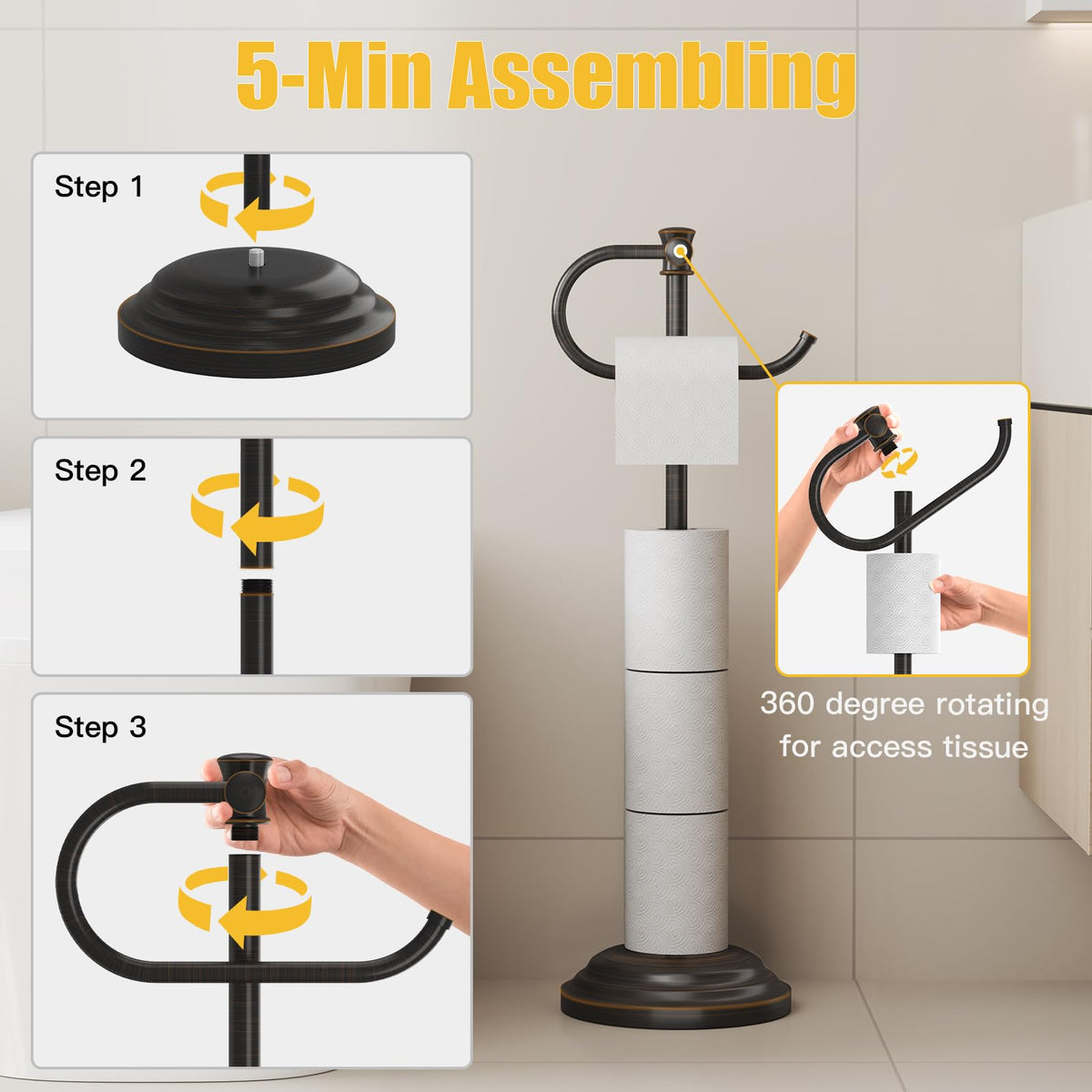 BESy free-standing bathroom stand showing rolls and storage capacity.