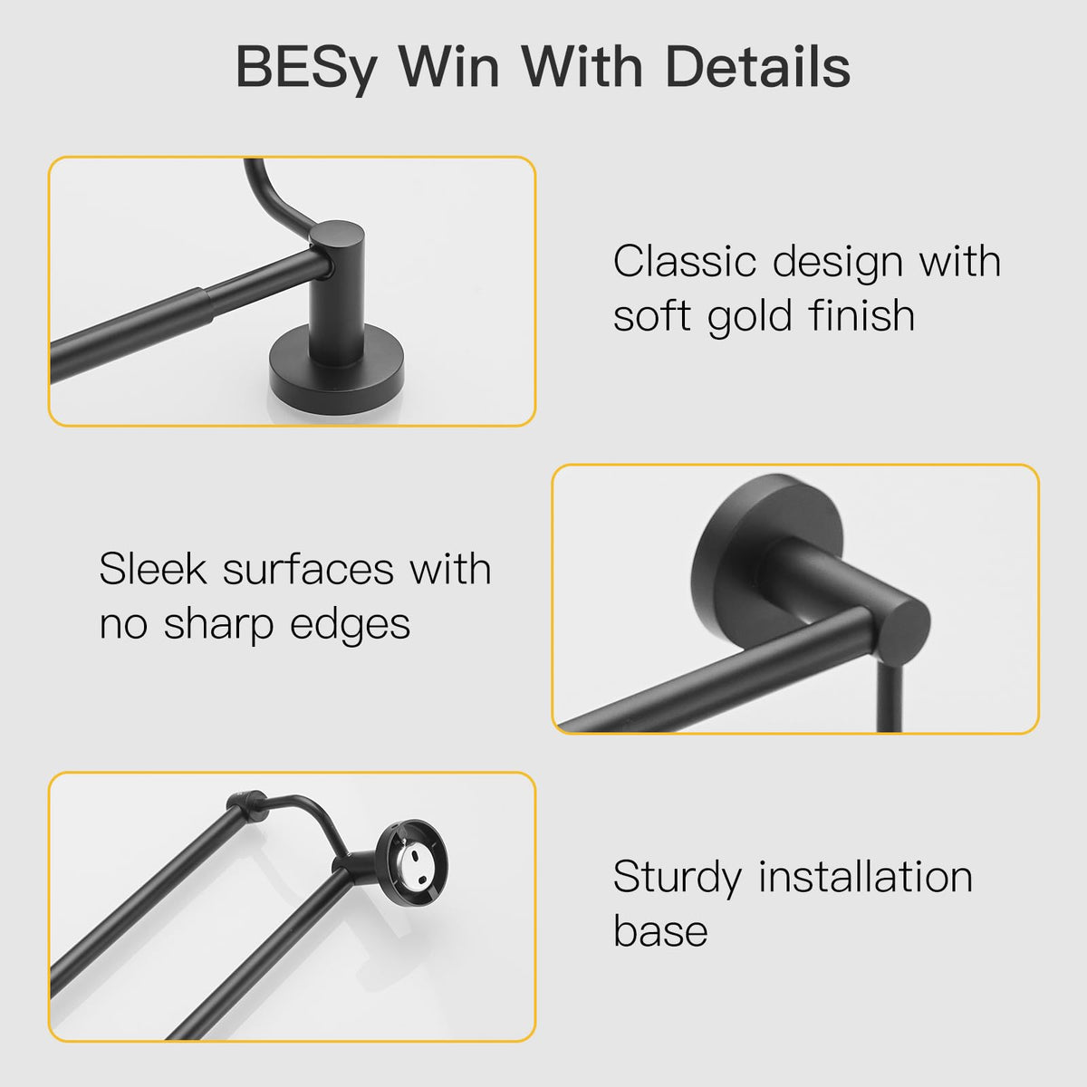 BESy modern hotel-style matte black finish enhances contemporary bathroom visuals.