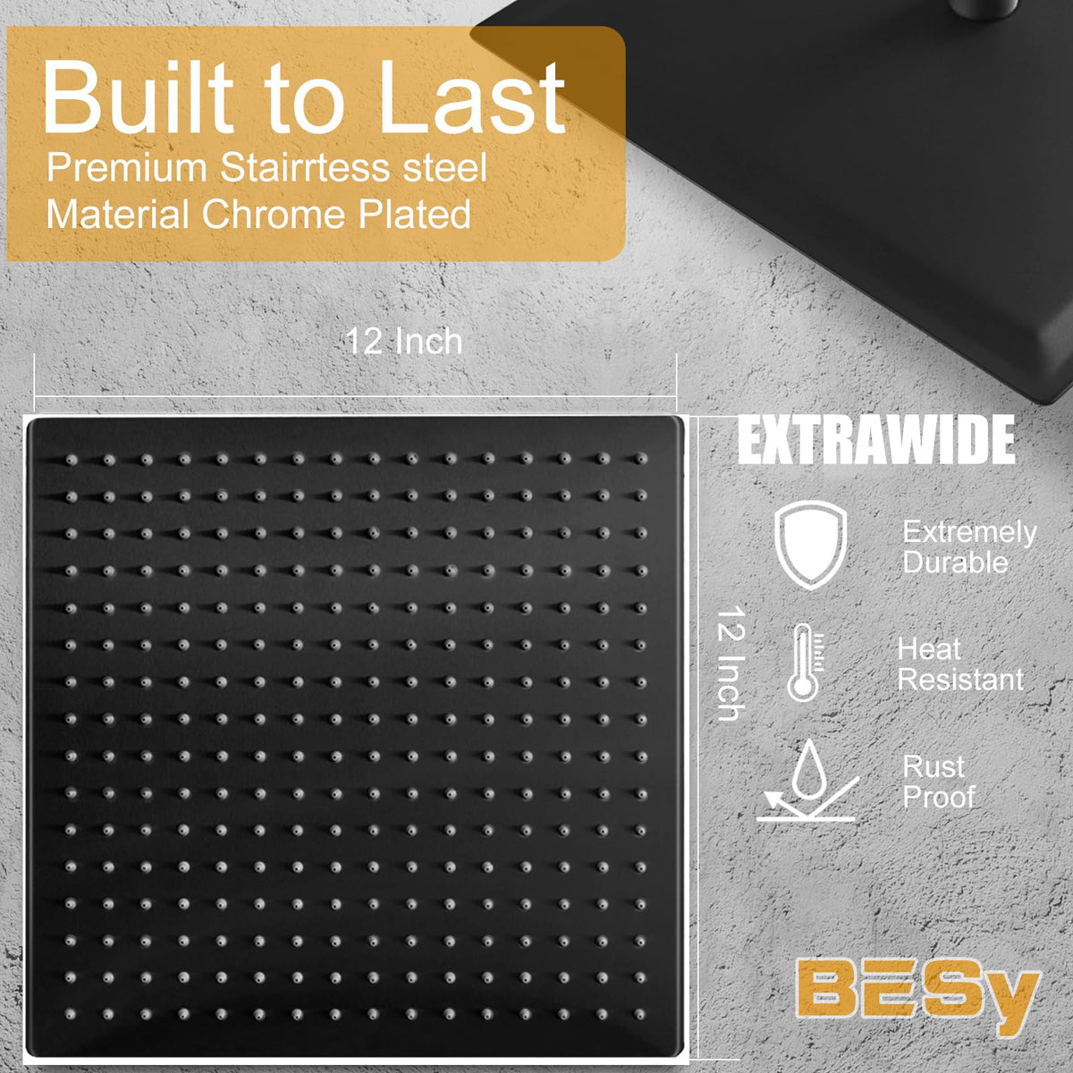 Besy stainless steel rain shower head with matte finish for durability