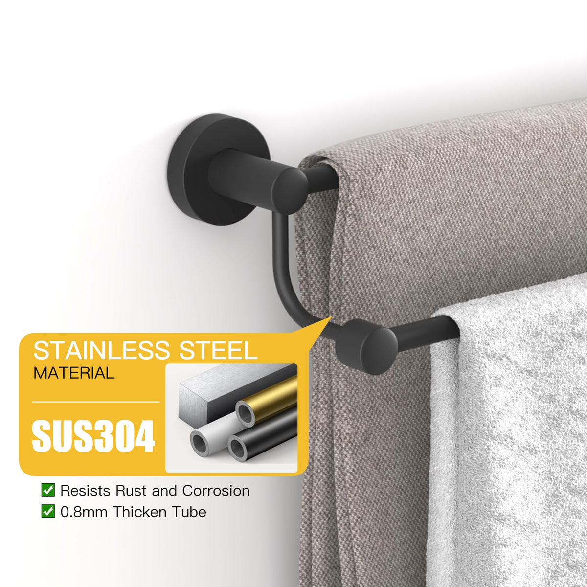 BESy SUS304 stainless steel towel holder close-up showing premium rust-resistant finish.