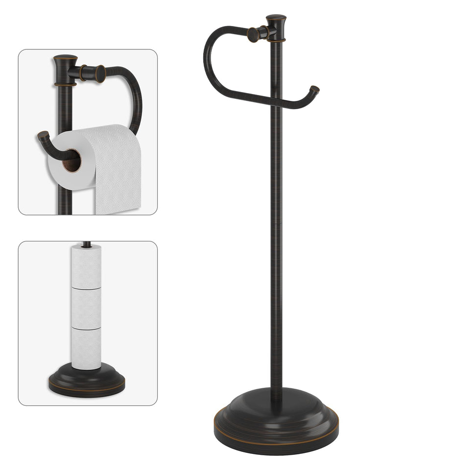 BESy free standing toilet paper holder in oil rubbed bronze with a sturdy base.