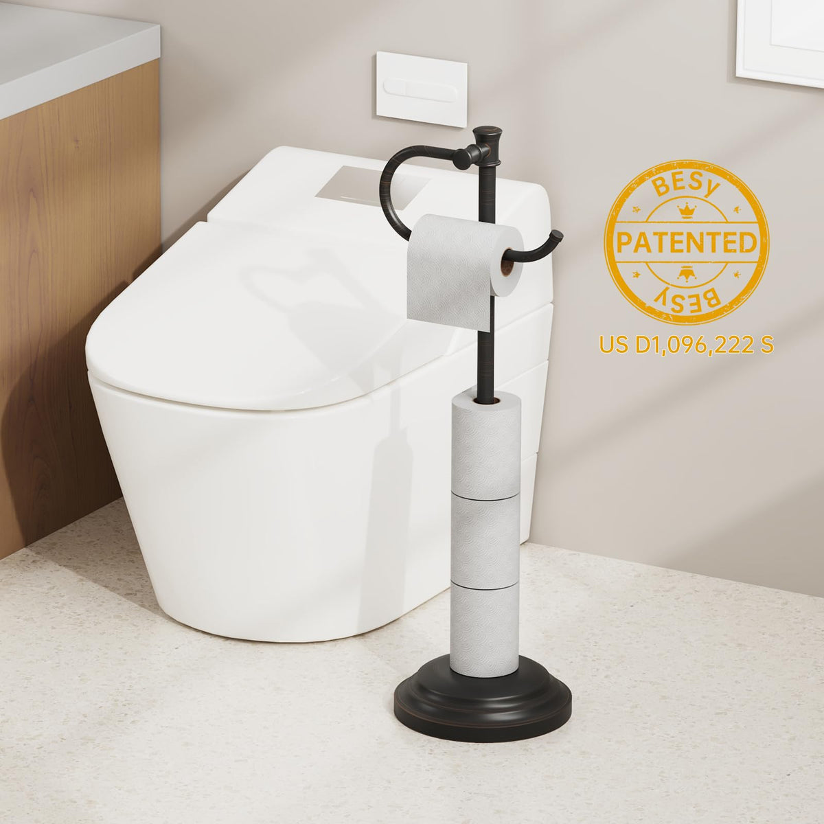 BESy storage rack with towel bar for convenient bathroom organization.