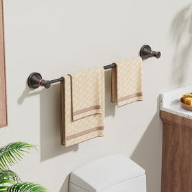BESy wall-mounted towel bar in oil rubbed bronze saves space in small baths.