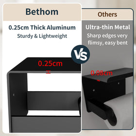 Bethom toilet paper holder with shelf, adhesive install, demonstrates quick setup on smooth surfaces.