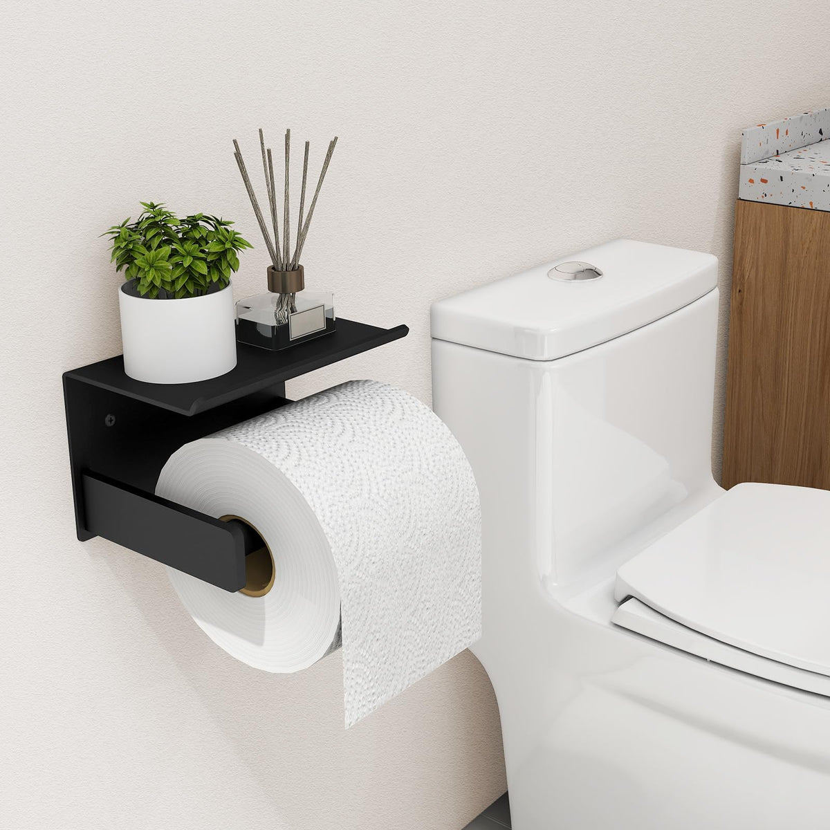 Bethom toilet paper holder with shelf, close-up of aluminum rod, showcasing durability.