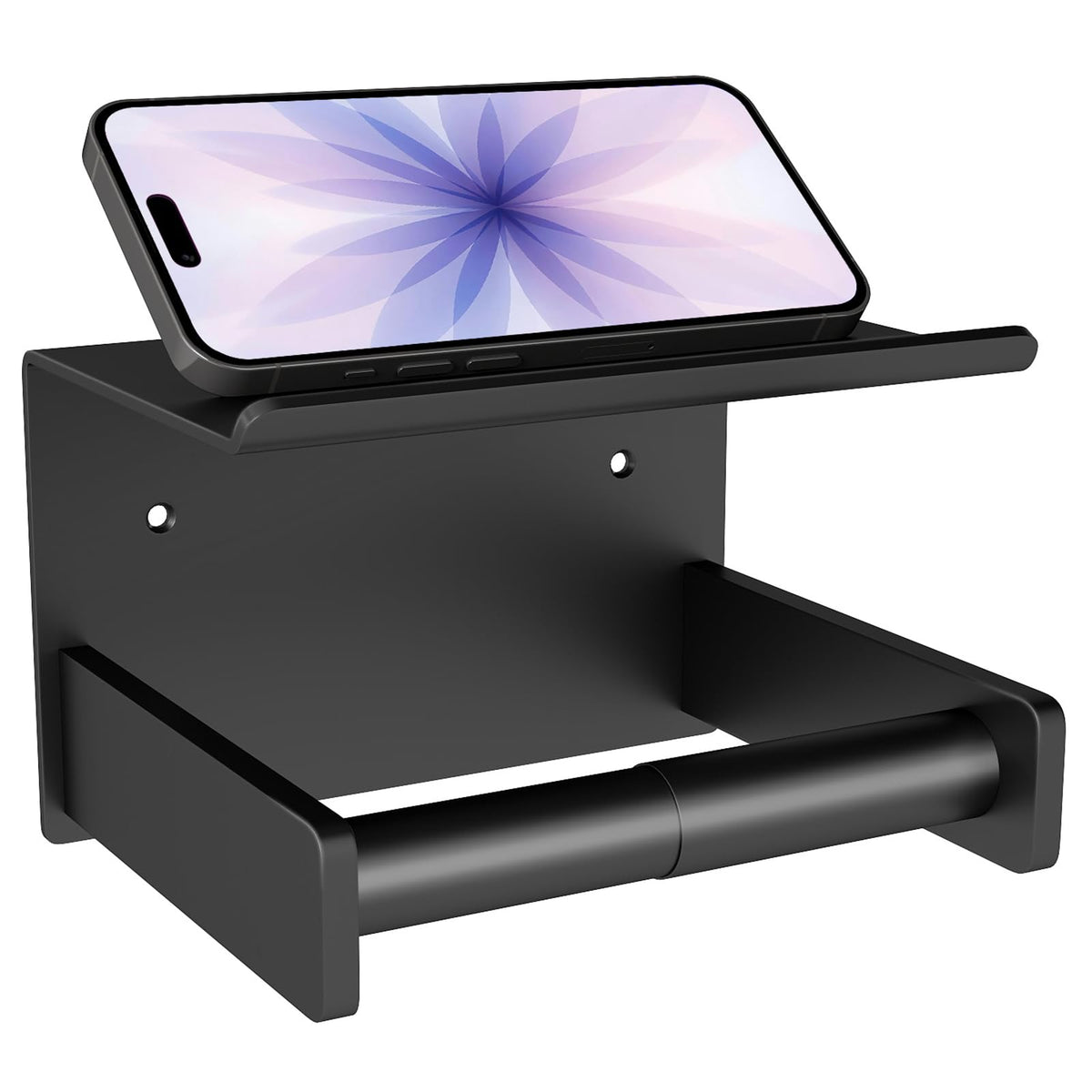 Bethom toilet paper holder with shelf, front view, sturdy aluminum with matte black finish for everyday bathroom use.