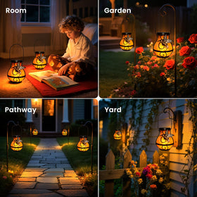 Betolean hanging lantern adds warm amber glow to patios and walkways.