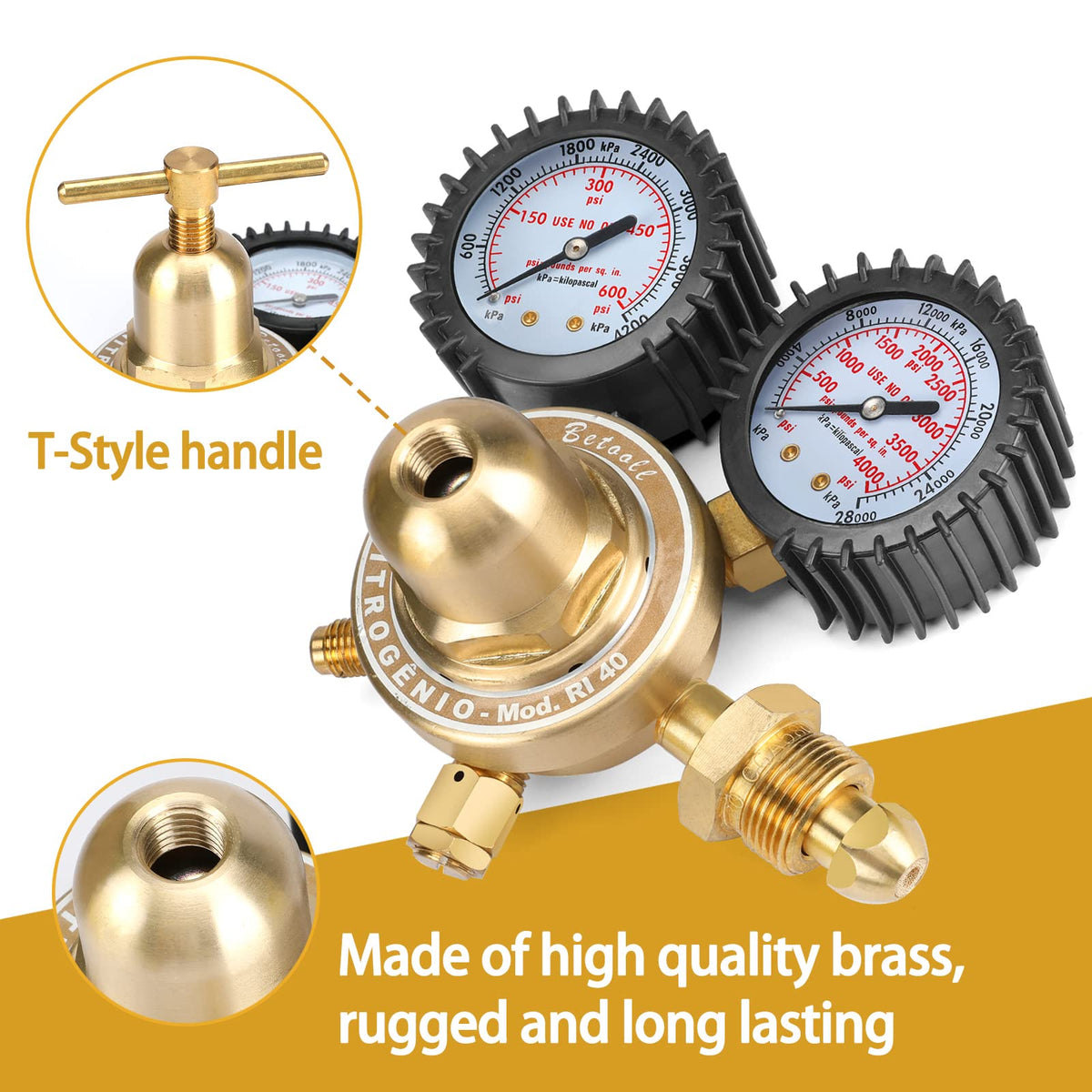 2-inch gauges and 1/4-inch flare outlet on BETOOLL regulator for flexible setup