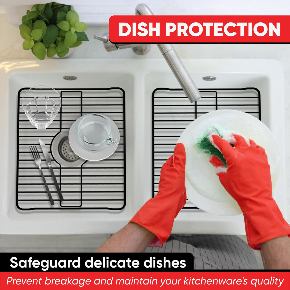 Better Houseware white grid drains water away, keeping sink bottom dry.
