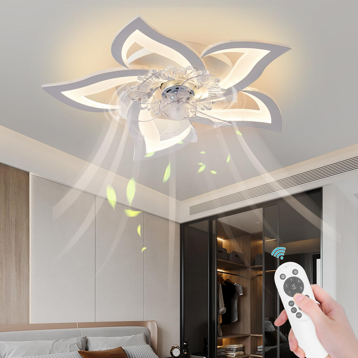 Bevenus low-profile ceiling fan with petal design delivers quiet, stylish cooling for living rooms.