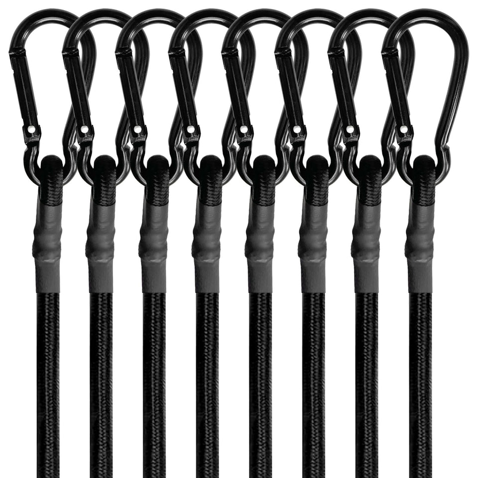 BEXSLE 8mm bungee cords with carabiner hooks secure gear outdoors.