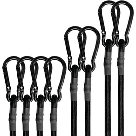 BEXSLE bungee 12in four-piece set with hooks for securing tarps and gear.