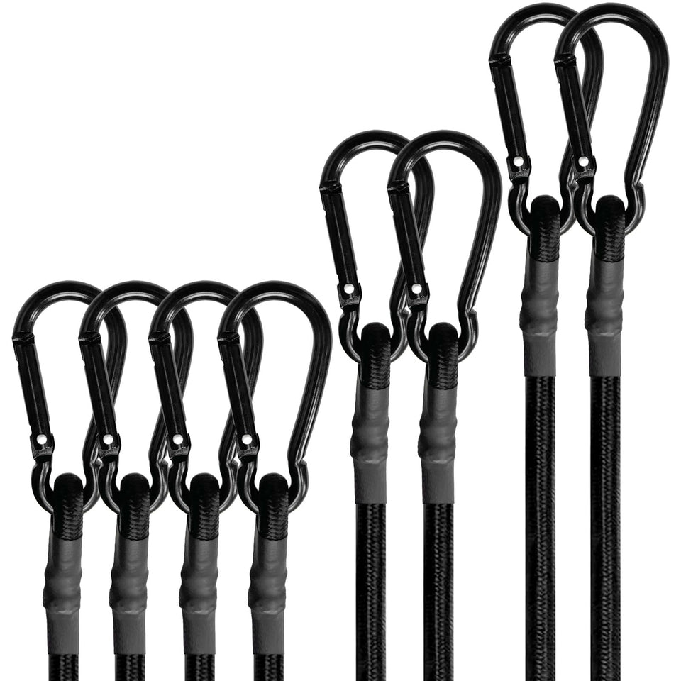BEXSLE bungee 12in four-piece set with hooks for securing tarps and gear.