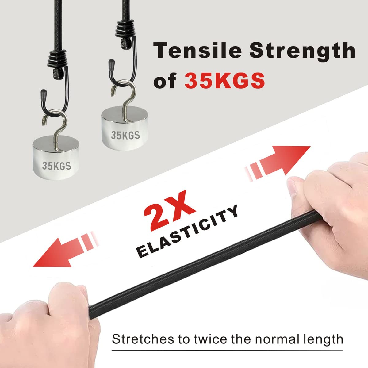 BEXSLE bungee cord close-up shows latex core and elasticity for durable binding.