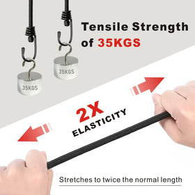 BEXSLE bungee cord close-up shows latex core and elasticity for durable binding.